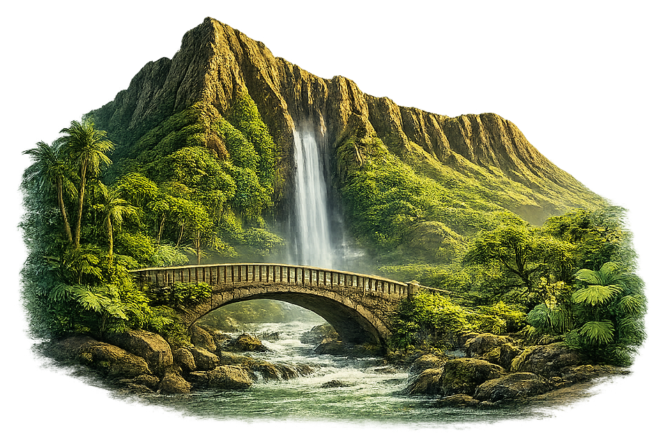 An illustration of an old stone bridge along the Road to Hana, surrounded by jungle — Hawaii as the place you visit, not necessarily the place you live