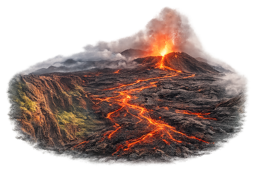 An illustration of an erupting Hawaiian volcano with lava flowing into the ocean — the islands actively forming themselves