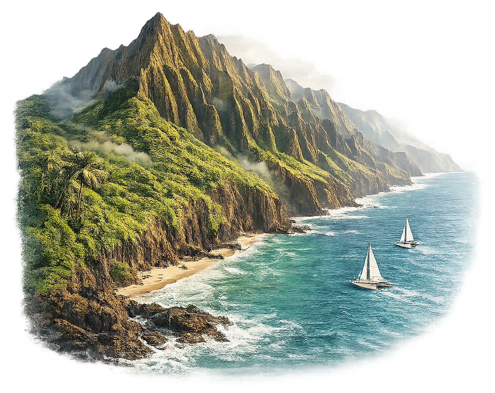 An illustration of the Na Pali Coast on Kauai — emerald cliffs falling into deep blue Pacific
