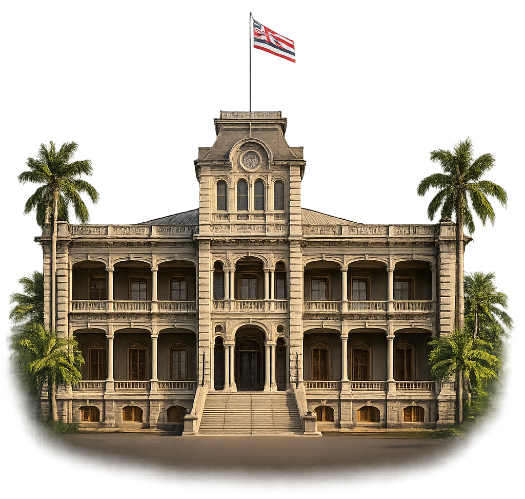 An illustration of Iolani Palace on Oahu, the Hawaiian flag flying — a kingdom that existed and still echoes