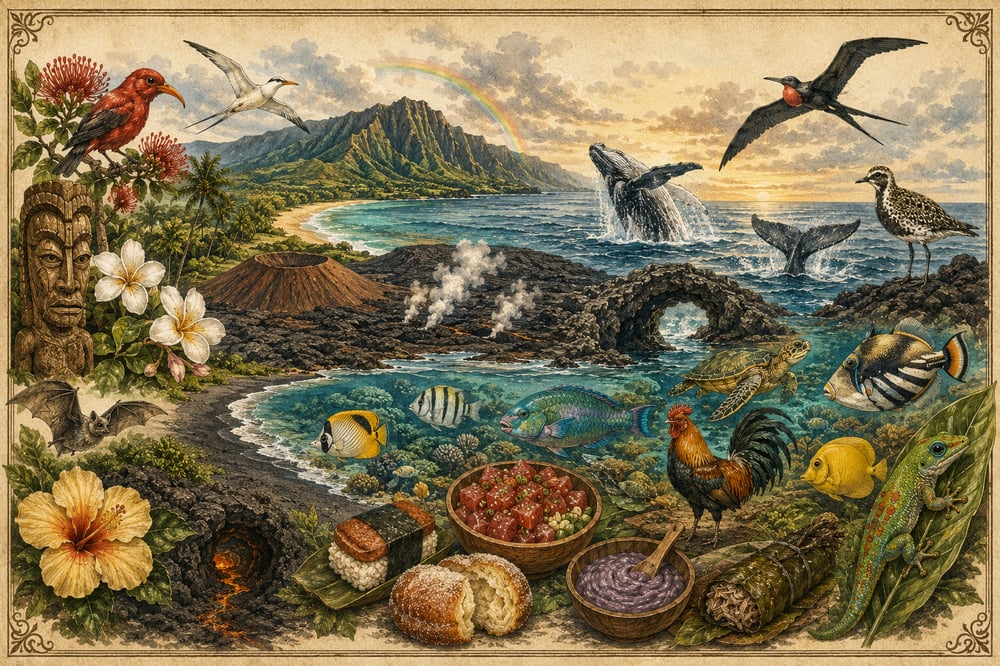 Collage of Hawaiʻi field guide illustrations — native birds, a breaching humpback, reef fish, a honu, tropical flowers, a volcano, and local food