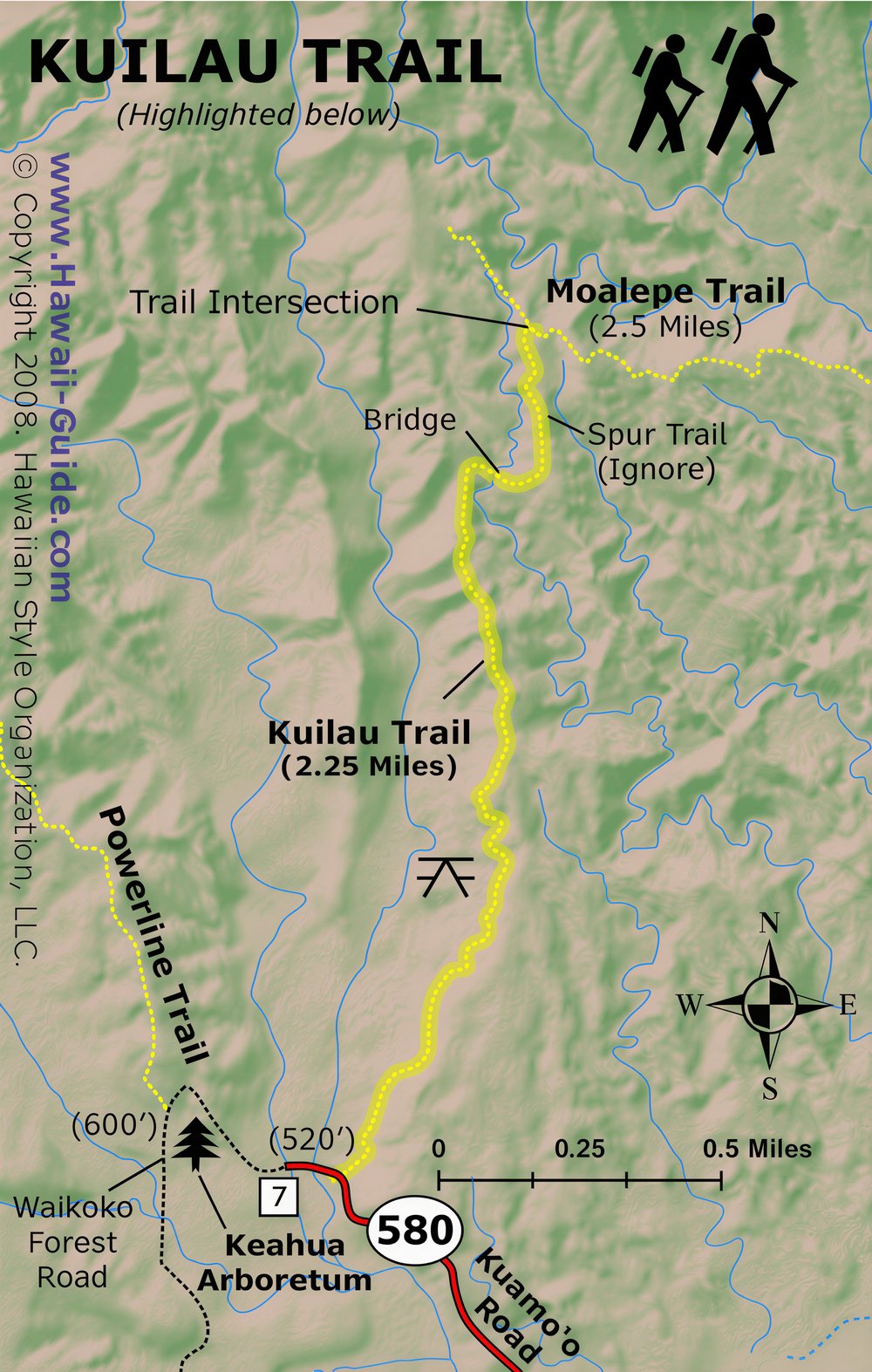 Kuilau Ridge Trail map showing the trail route through Kauai's east side