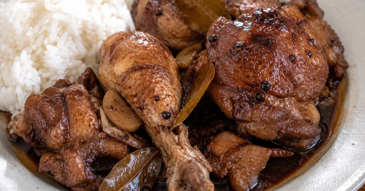 Hawaii-style chicken adobo plated over rice