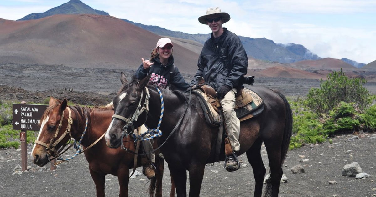 John and Tori Derrick on horseback inside Haleakalā National Park