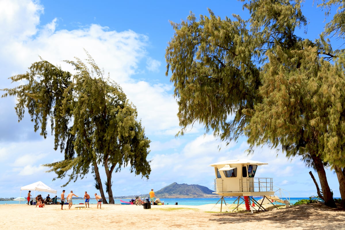 Lifeguard tower and ironwood trees at Kailua Beach Park on Oahu with families on the sand