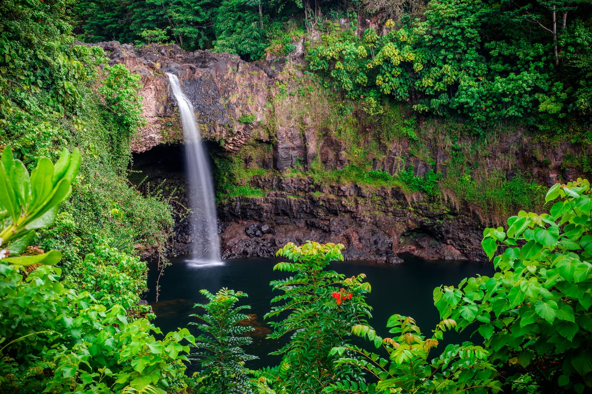 Rainbow Falls in Hilo on the Big Island, a wide horseshoe-shaped waterfall dropping into a large plunge pool surrounded by rainforest.
