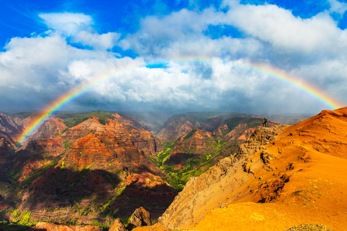 Hiker standing on the rim of Waimea Canyon, Kauai, with the red-walled gorge dropping thousands of feet behind them