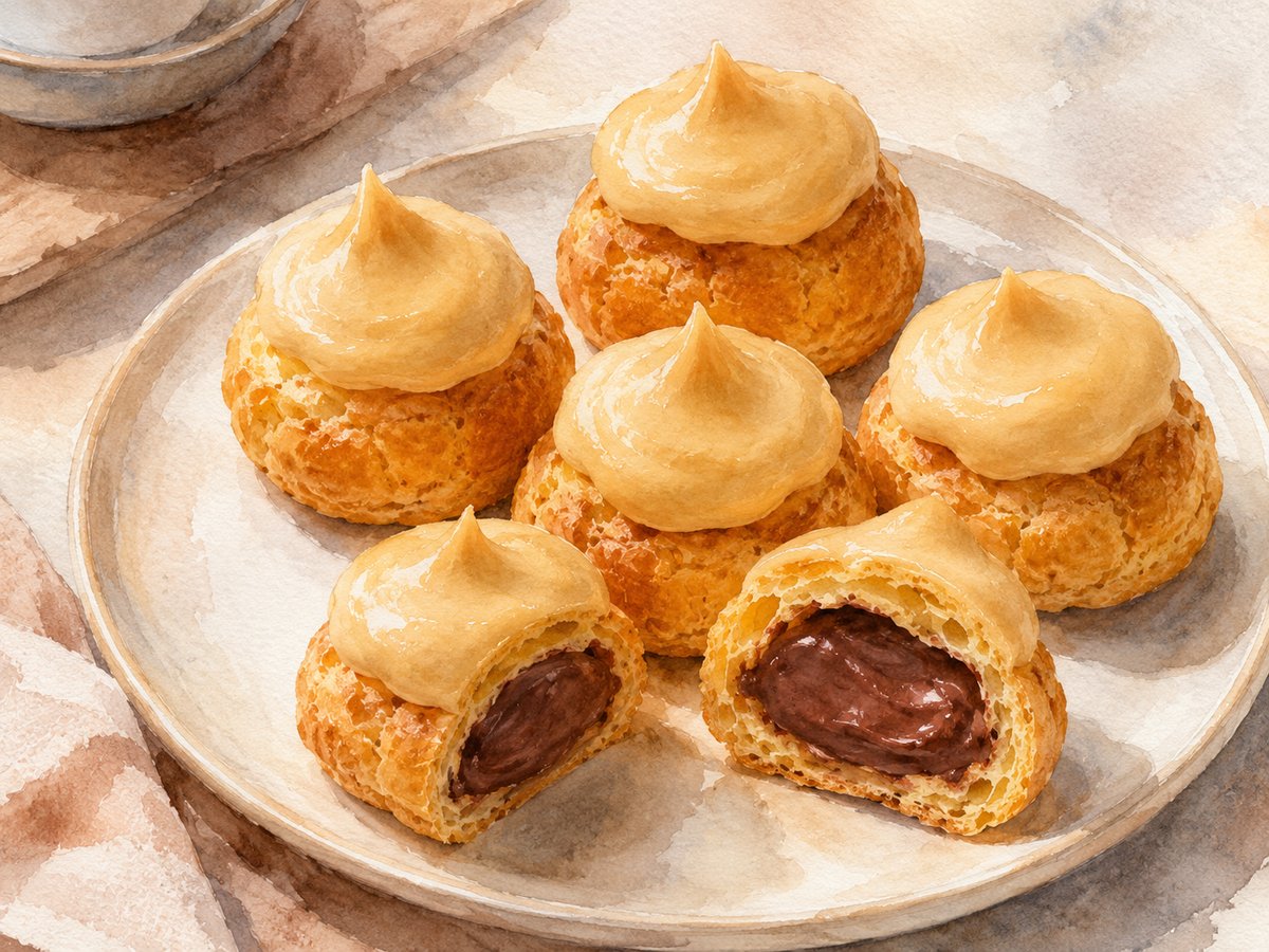 Watercolor illustration of Liliha-style coco puffs &mdash; choux pastry, chocolate cream, chantilly