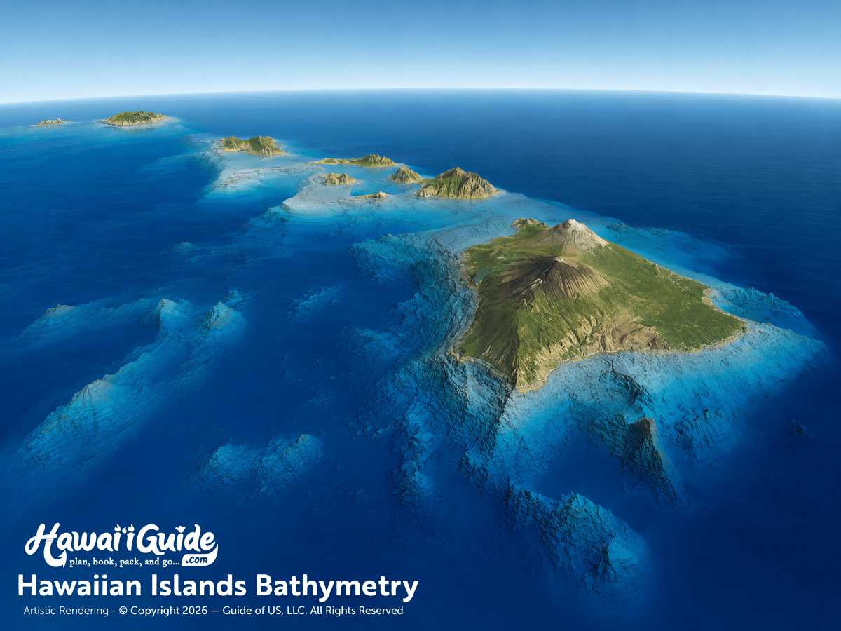 Hawaiian Islands Bathymetry — 3D artistic rendering of the island chain rising from the sea floor