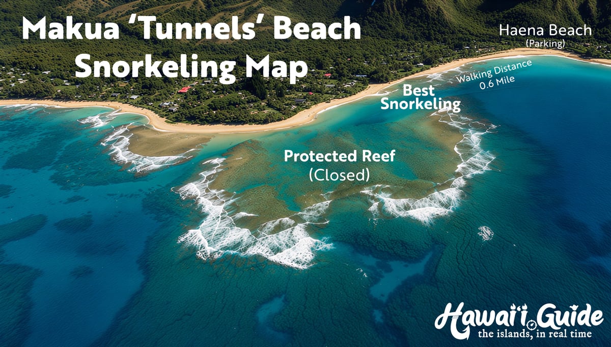 Illustrated snorkel map of Tunnels (Makua) Beach on Kauai's North Shore showing the coral reef and lava-tube snorkel area