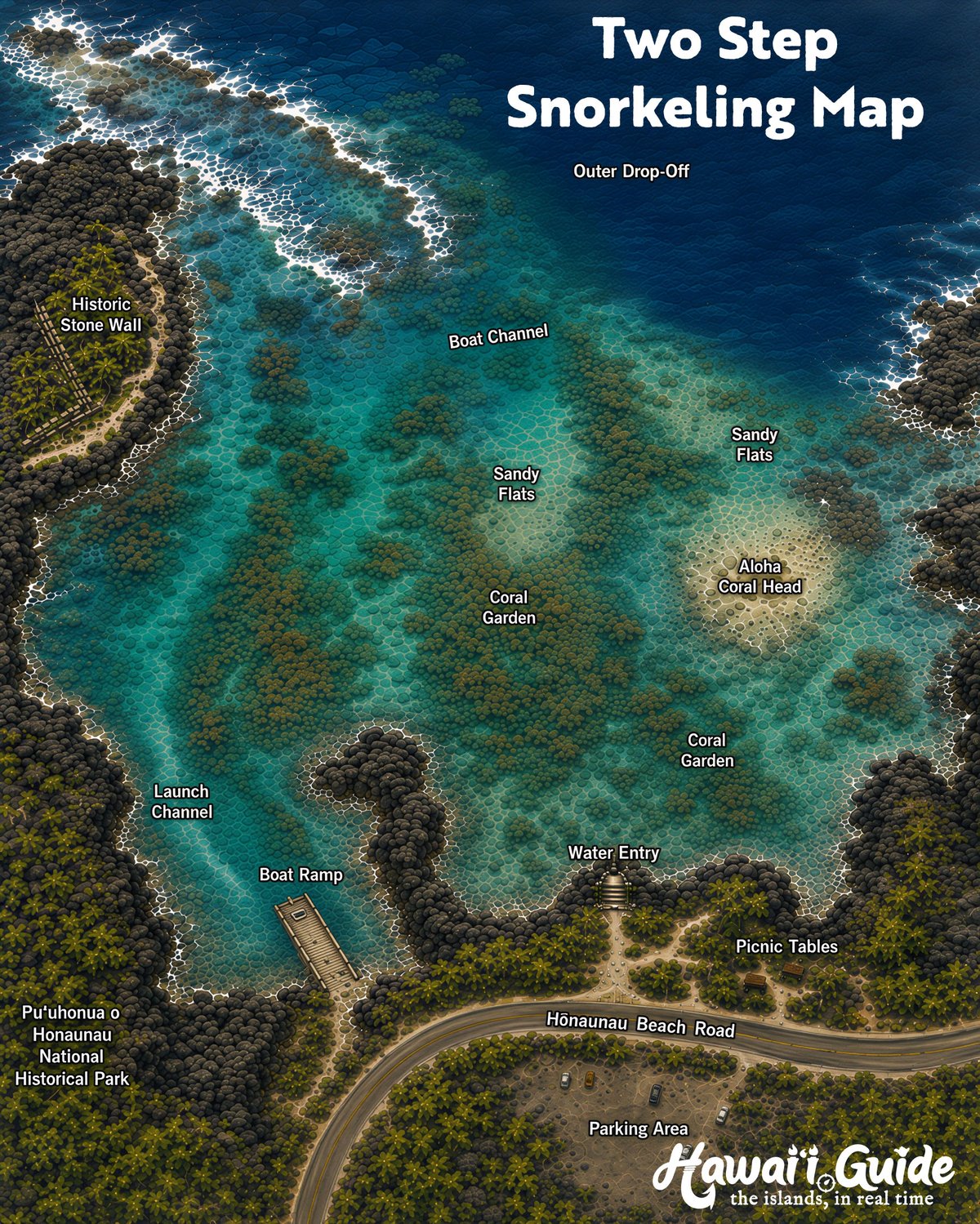 Illustrated snorkel map of Two Step at Honaunau Bay on the Big Island showing the lava-step entry and reef