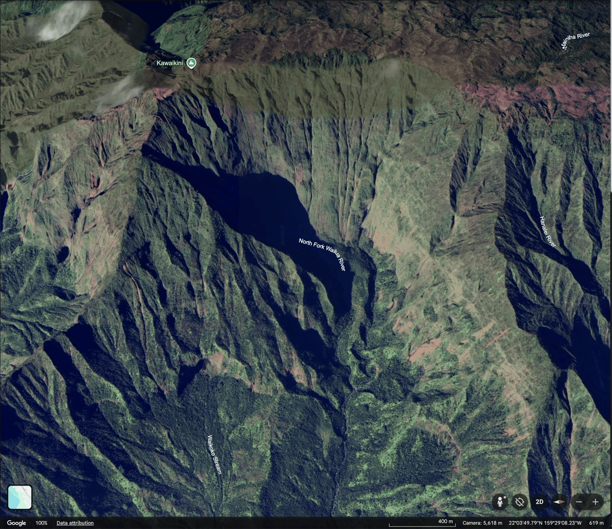 Google Earth view of the Blue Hole / Weeping Wall area within the broader Wailua Headwaters