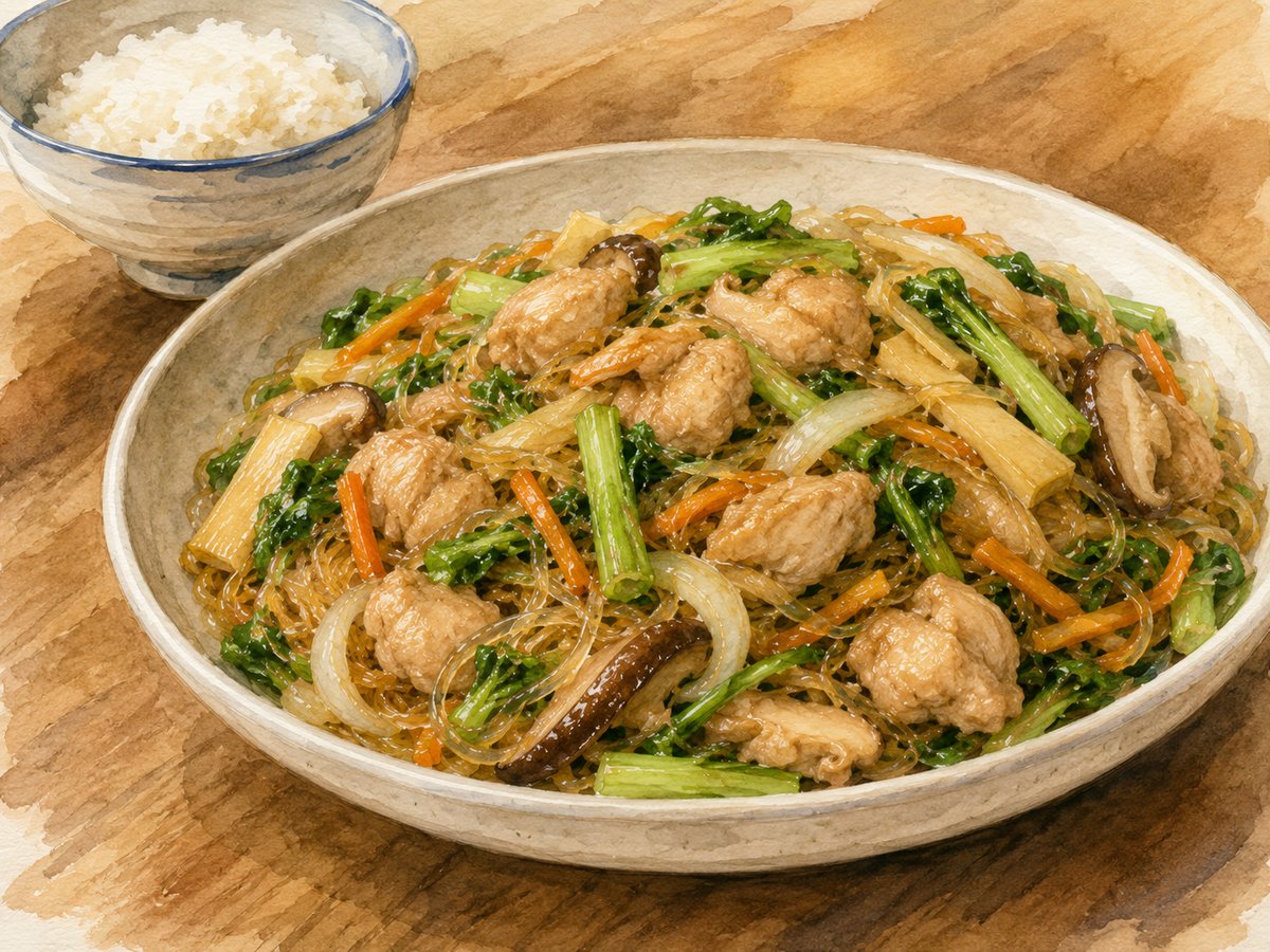 Watercolor illustration of Hawaii-style chicken hekka with long rice noodles, tofu, and vegetables