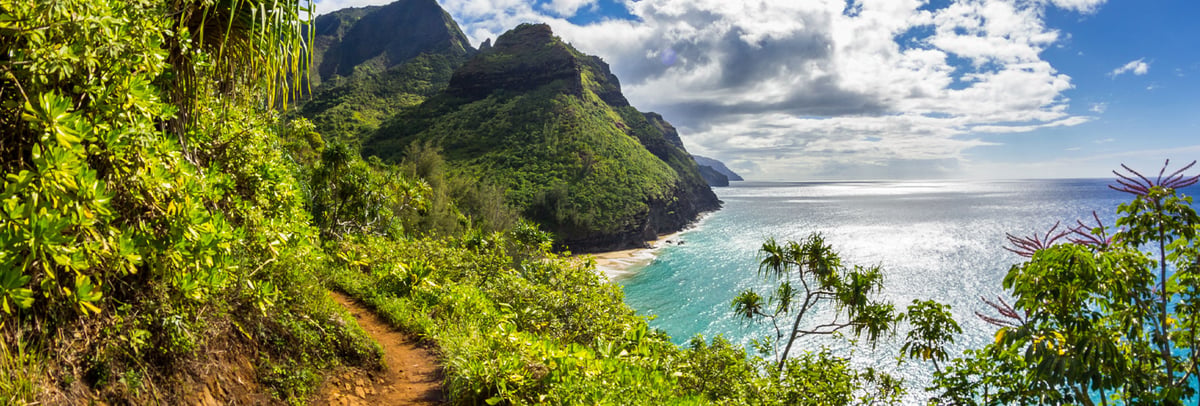 Nā Pali Coast cliffs along the Kalalau Trail — the shoreline most Kauai scenic flights and Nā Pali boat tours trace