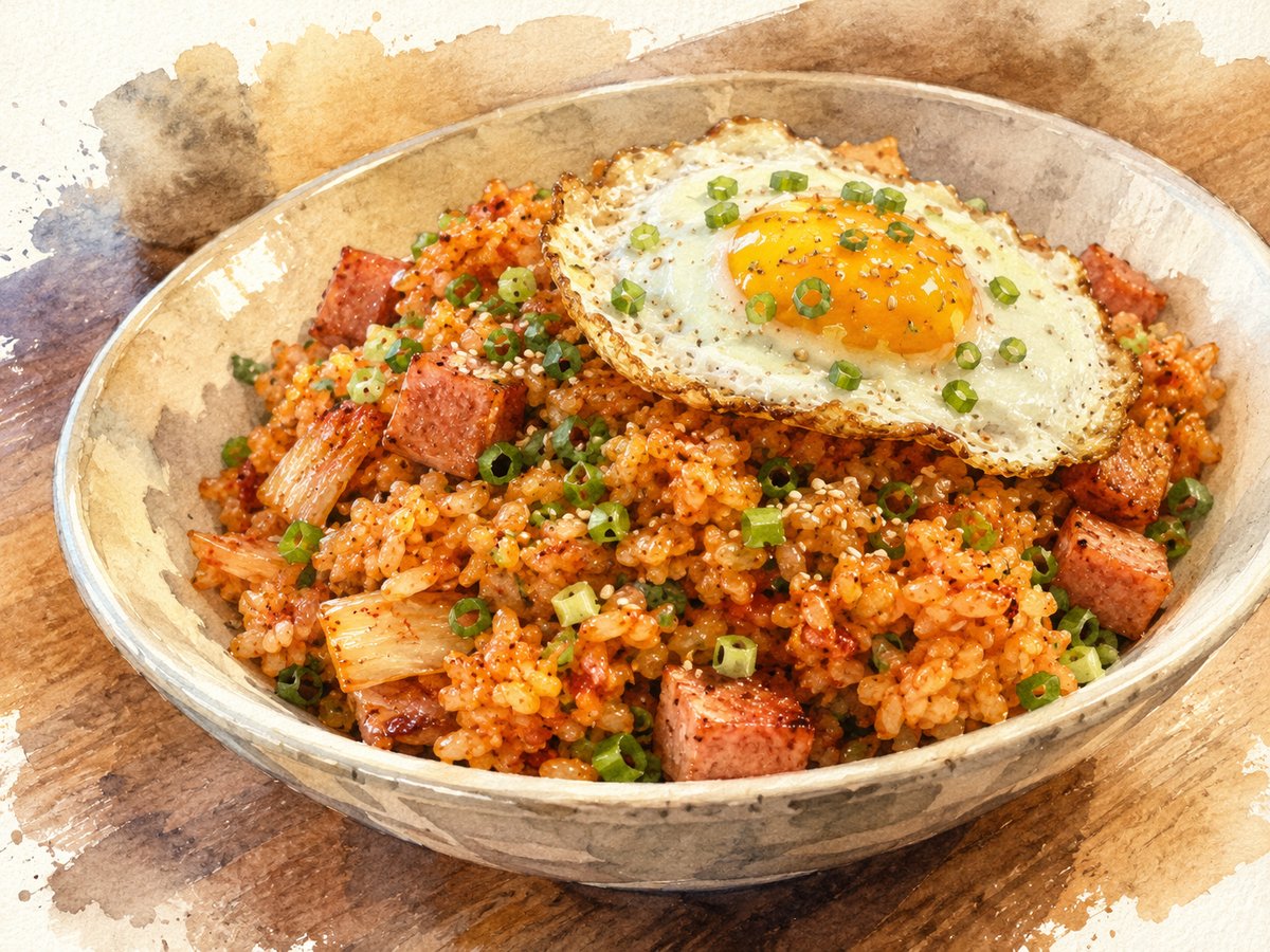 Watercolor illustration of Hawaii-style kim chee fried rice topped with a sunny-side-up egg