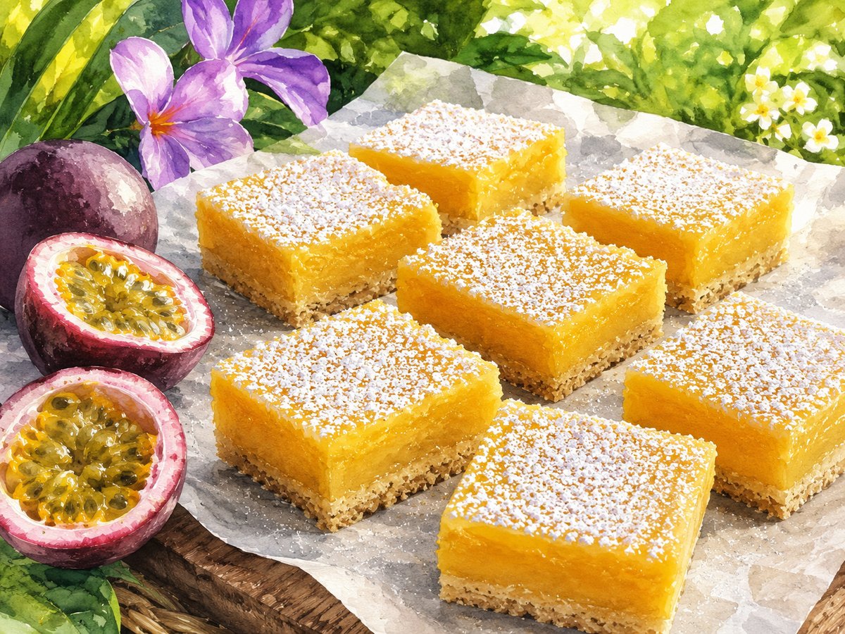 Watercolor illustration of Hawaii lilikoi bars &mdash; passion fruit custard on butter shortbread