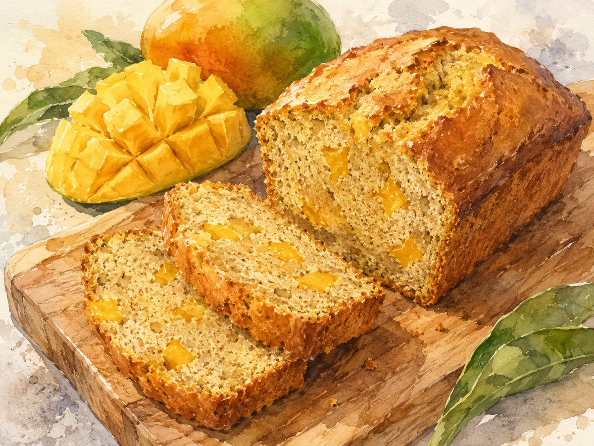 Watercolor illustration of Hawaii-style mango bread, sliced and on a plate