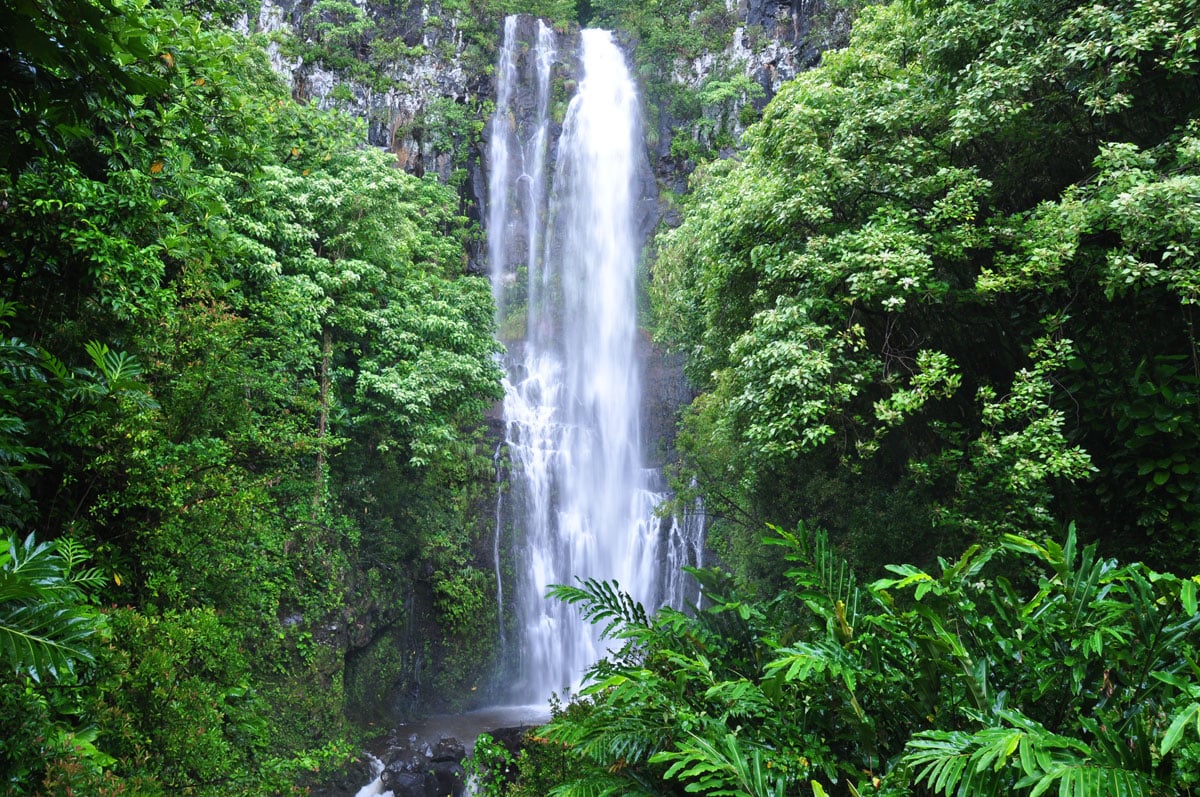Wailua Falls beyond Hana on Maui surrounded by lush green vegetation