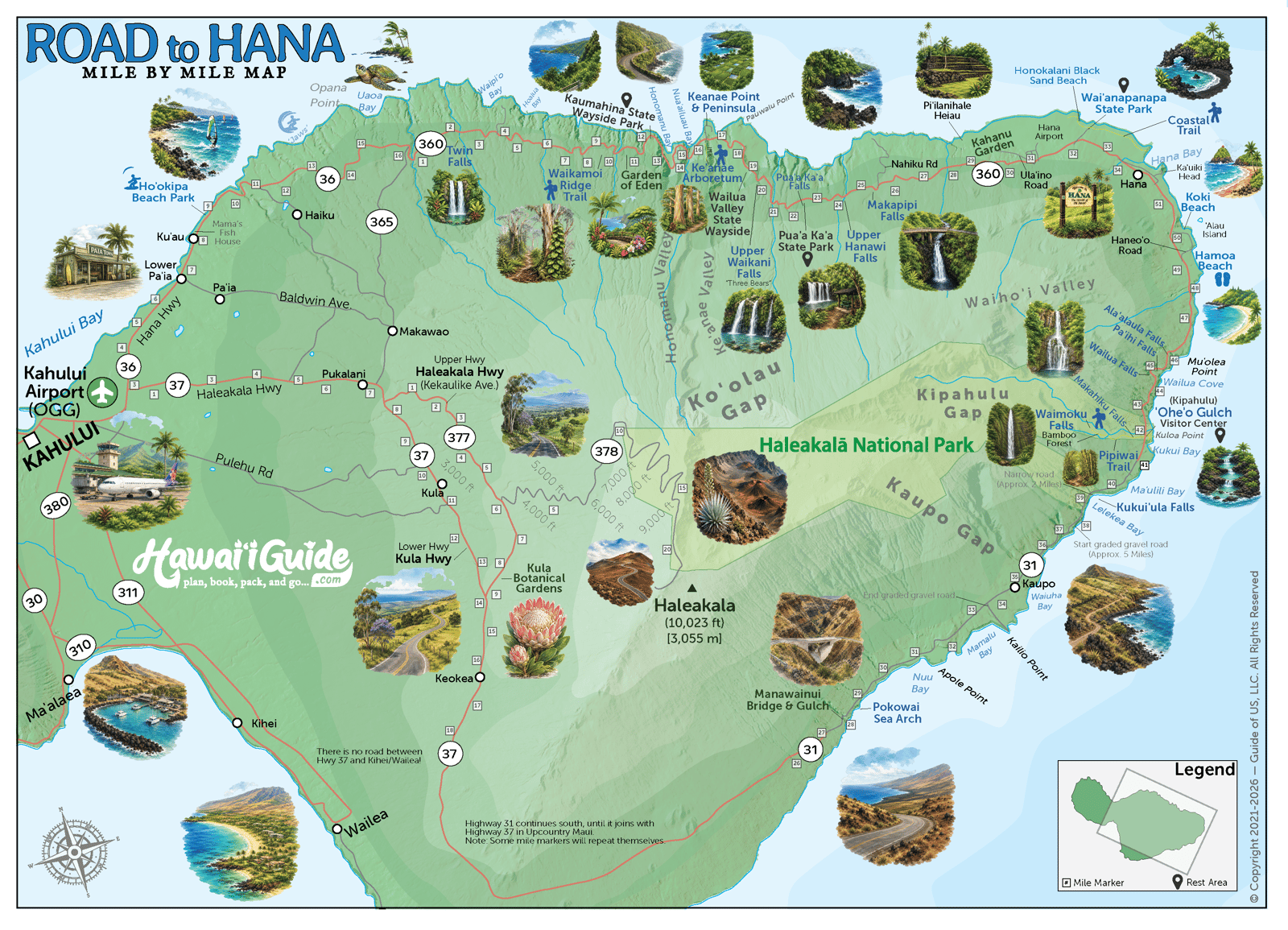 Illustrated mile-by-mile Road to Hana map of the major waterfalls, gardens, beaches, and lookouts along the Hana Highway