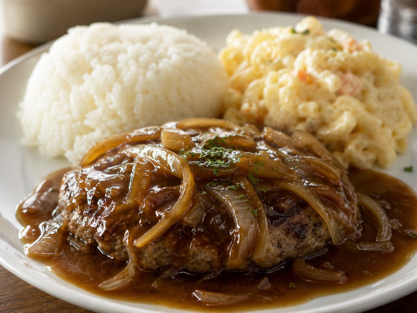 Hawaii plate-lunch hamburger steak with brown gravy and white rice