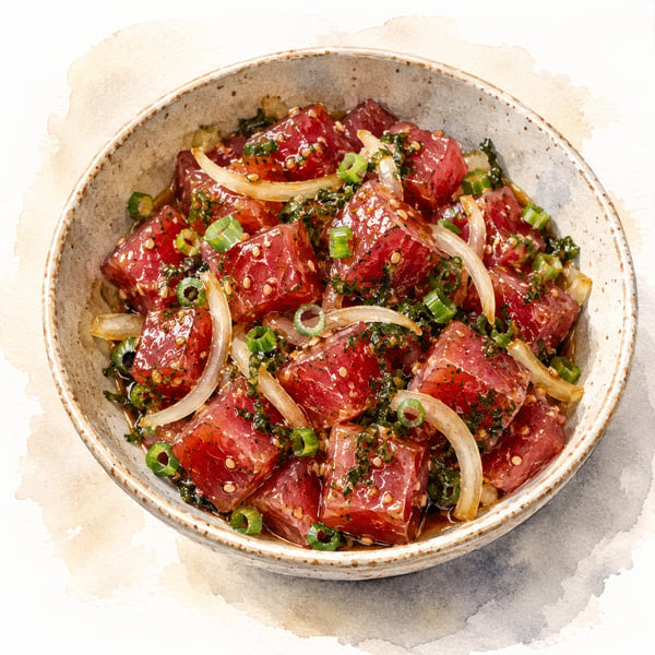 Watercolor illustration of classic Hawaiian ahi shoyu poke