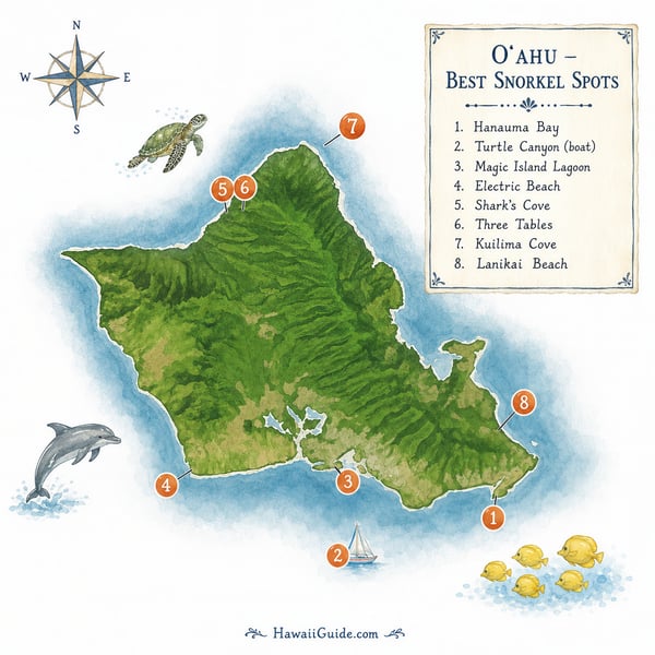 Oʻahu Best Snorkel Spots Map