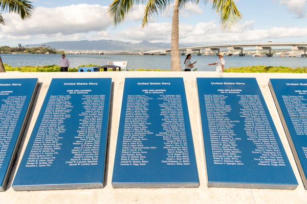 USS Oklahoma Memorial on Ford Island — rows of white marble standards honoring the 429 sailors and Marines lost when the ship capsized