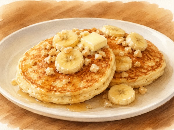 Watercolor illustration of Hawaii banana macadamia nut pancakes