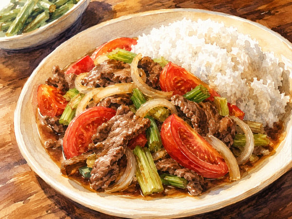 Watercolor illustration of Hawaii-style beef tomato stir-fry