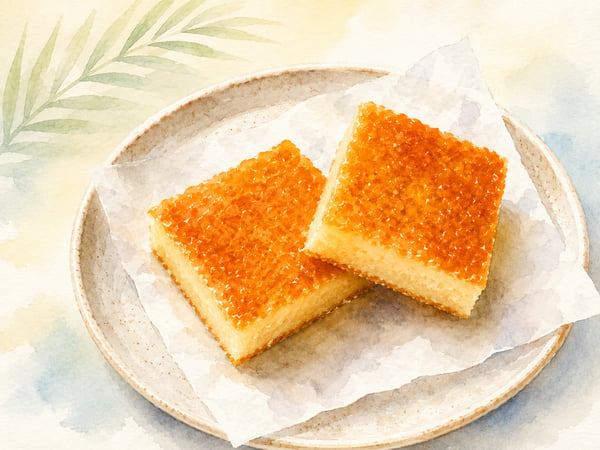 Watercolor illustration of Hawaiian butter mochi squares