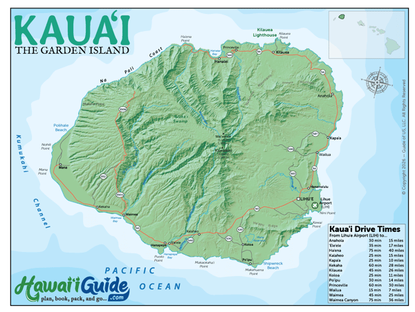 Topographic Kauai Road Map