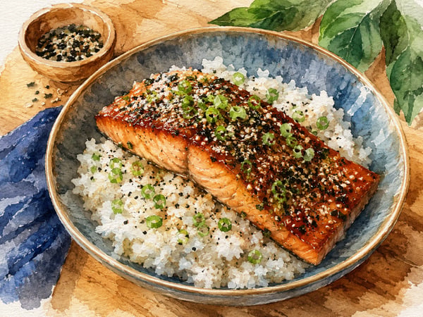 Watercolor illustration of furikake-crusted salmon