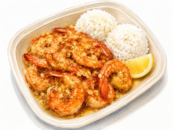 Watercolor illustration of Hawaiian garlic shrimp