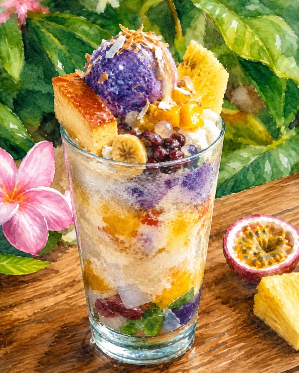 Watercolor illustration of a tall halo halo dessert