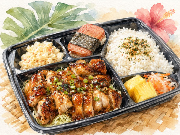 Watercolor illustration of Hawaii bento
