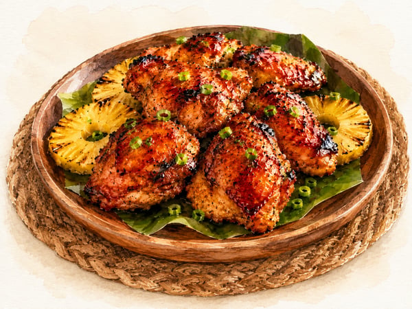 Watercolor illustration of huli huli chicken on the grill