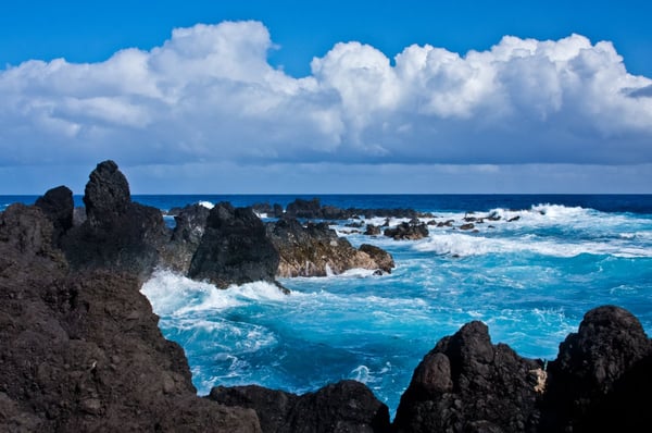 Black lava rocks and crashing surf at Laupāhoehoe Point on the Hāmākua coast