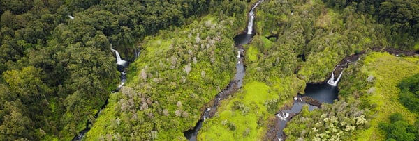 Aerial of waterfalls and green valleys from a Big Island helicopter tour