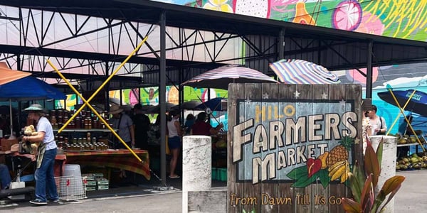 Vendor stalls at the open-air Hilo Farmers Market on the Big Island