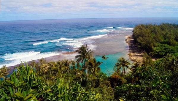 Reef and turquoise water at Keʻe Beach, Kauai