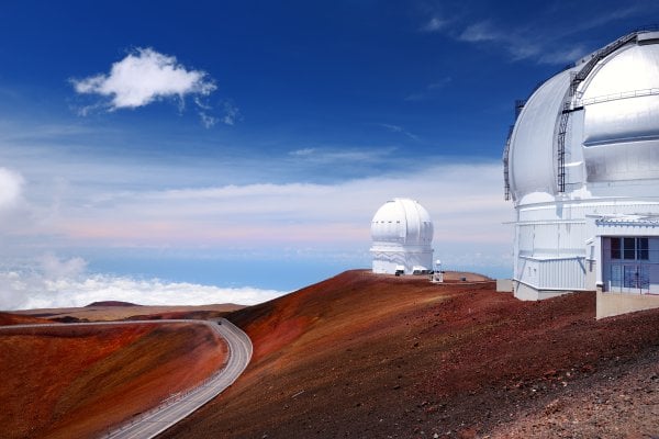 Observatories on the red cinder summit of Mauna Kea, Big Island