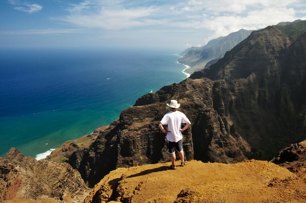 John at the Nualolo Cliffs overlook above the Na Pali Coast, Kauai
