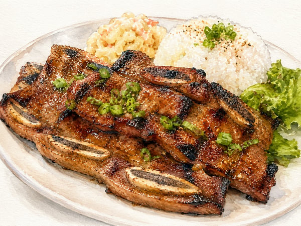 Watercolor illustration of Hawaii-style kalbi short ribs