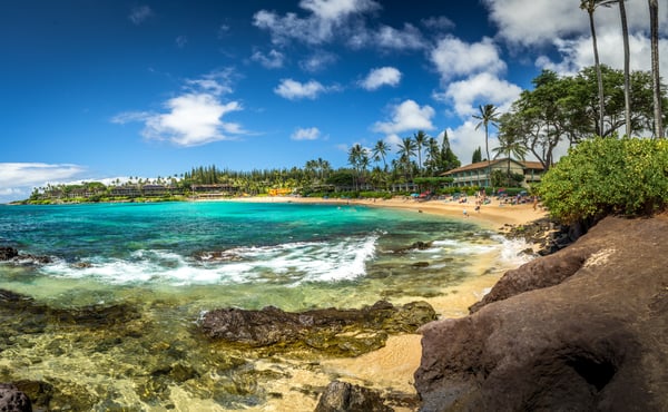 A calm, protected Maui bay in clear morning light, the kind of quiet water that asks you to slow down
