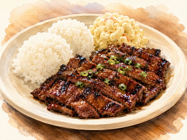 Watercolor illustration of Hawaii local-style teriyaki beef