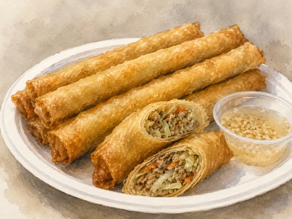 Watercolor illustration of Hawaii-style Filipino lumpia