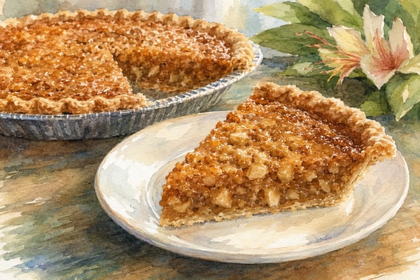 Watercolor illustration of macadamia nut pie &mdash; a slice with toasted mac nuts in a glossy brown-sugar custard