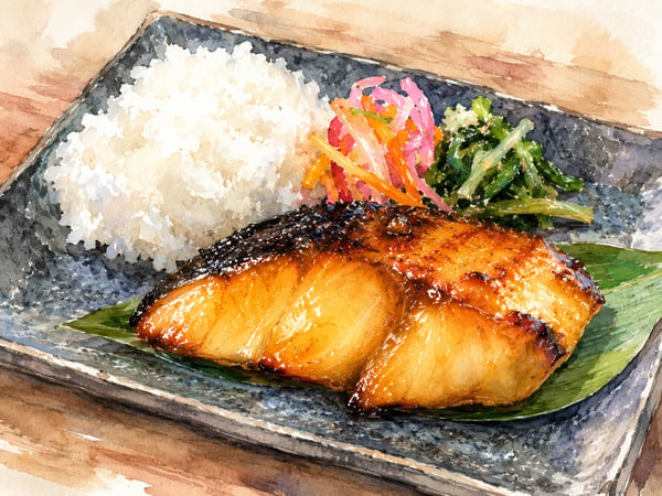 Watercolor illustration of misoyaki butterfish