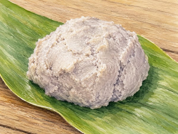 Watercolor illustration of paʻi ʻai &mdash; pounded taro on a wood board with a stone pounder