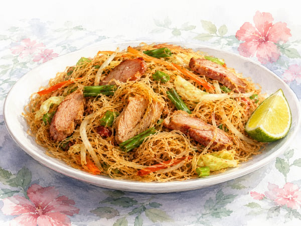 Watercolor illustration of Hawaii Filipino pancit bihon